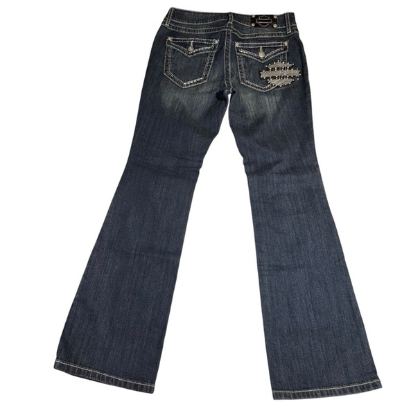 NWOT Harley-Davidson Women’s Denim Jeans SZ 6 Blue Rhinestones Silver Thread Emb - Picture 3 of 10